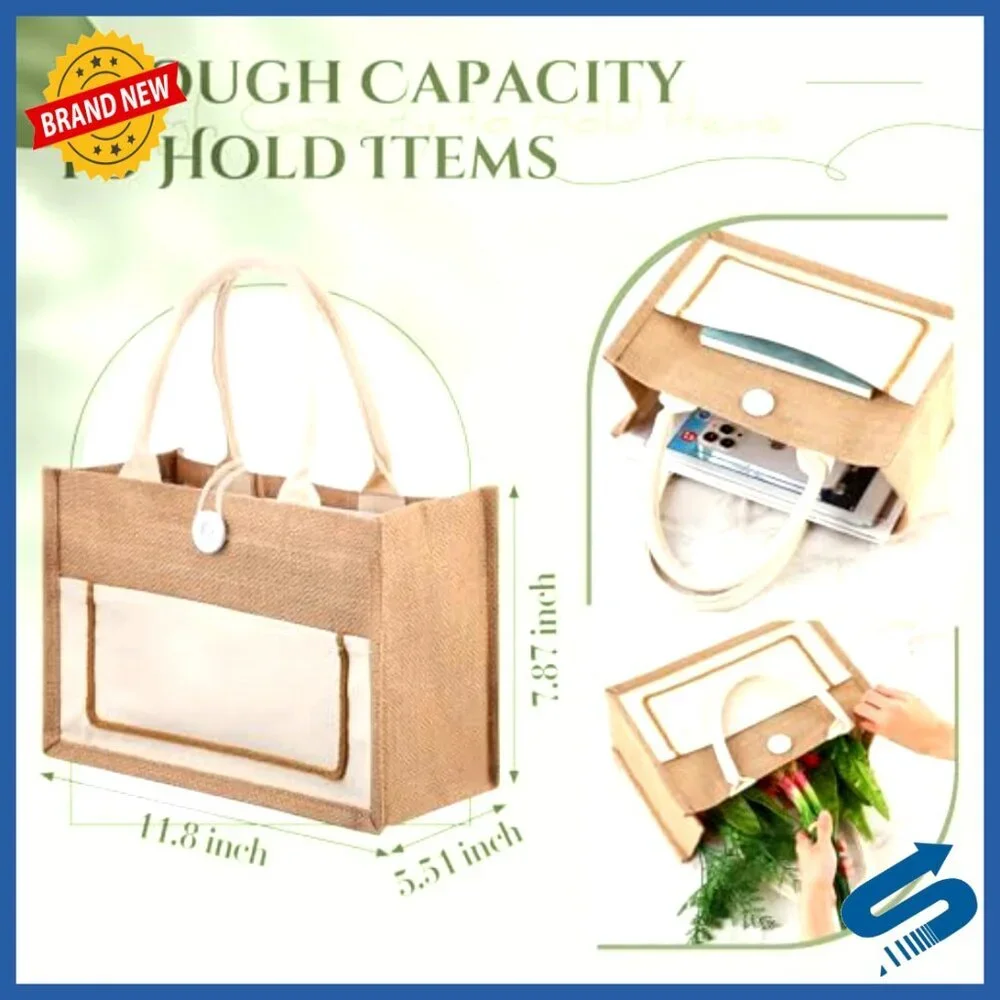 Jute Burlap Tote Bags Reusable Beach Grocery Shopping Totes Classic Style